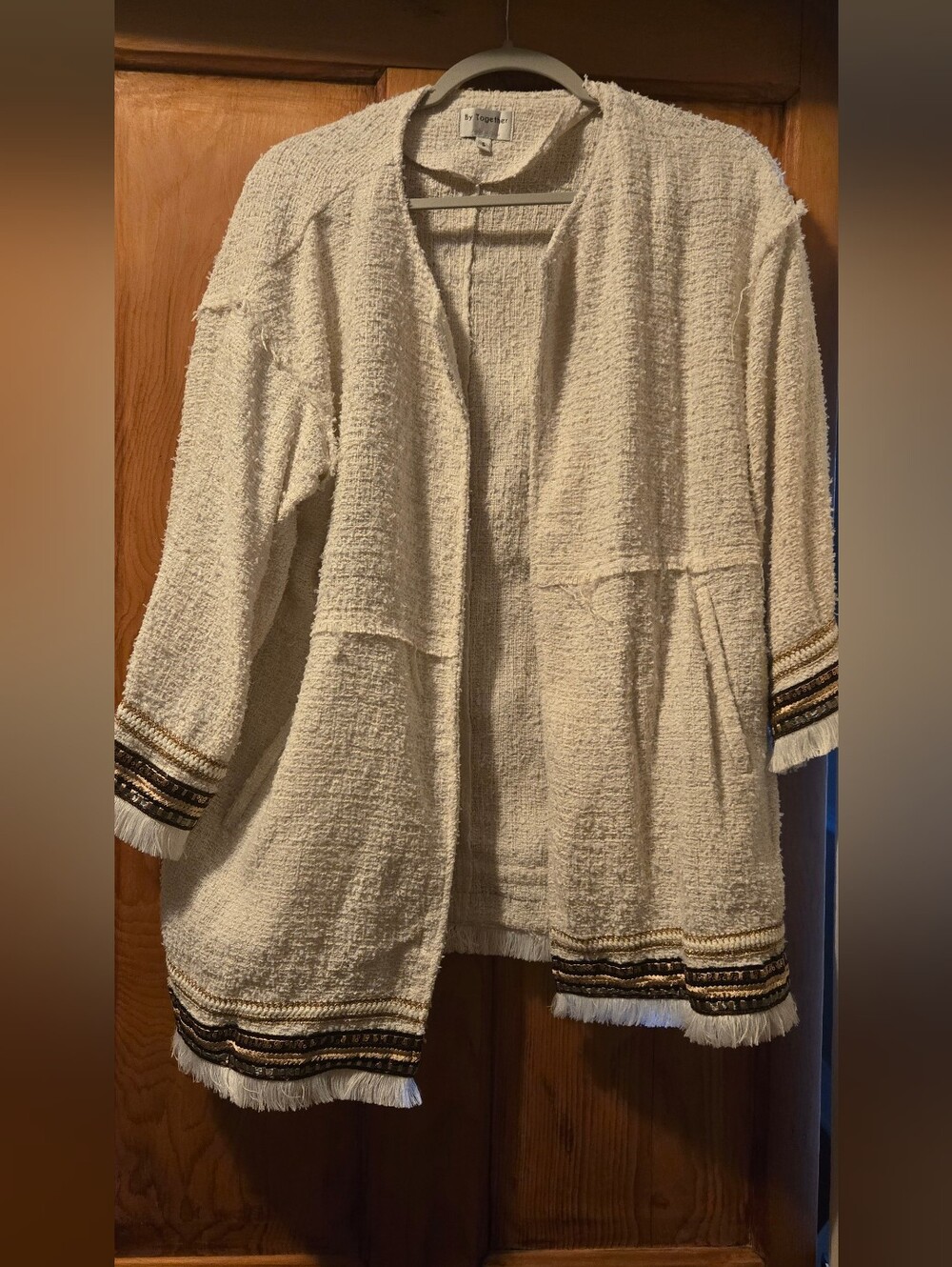 Cozy Cream Textured Open Cardigan with Metallic Trim BY TOGETHER